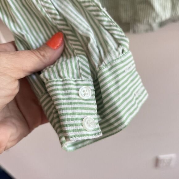 Saks Fifth Ave Green Linen Blend Popover Shirt M Striped Classic Collared Preppy - Picture 4 of 10